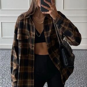 Plaid Button-Up Shirt in Black and Brown